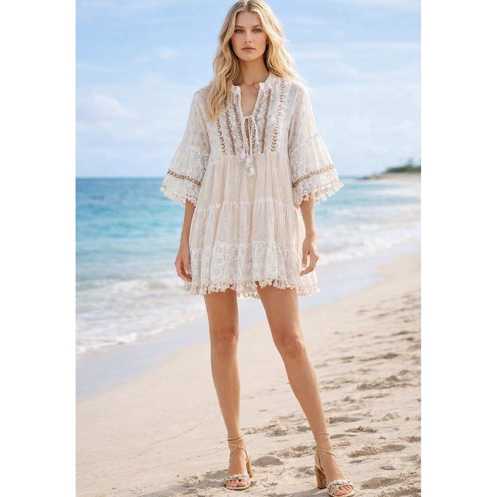 MOCHY Boho Tiered Mini Dress Women S/M Ivory Gold/Bronze Lace Tassel Pom Pom EUC